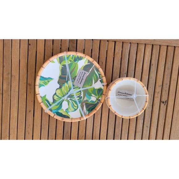 Set 4 Tommy Bahama Bamboo Dinner Plates & Bowls Tropical Palm Leaf New - Picture 4 of 8